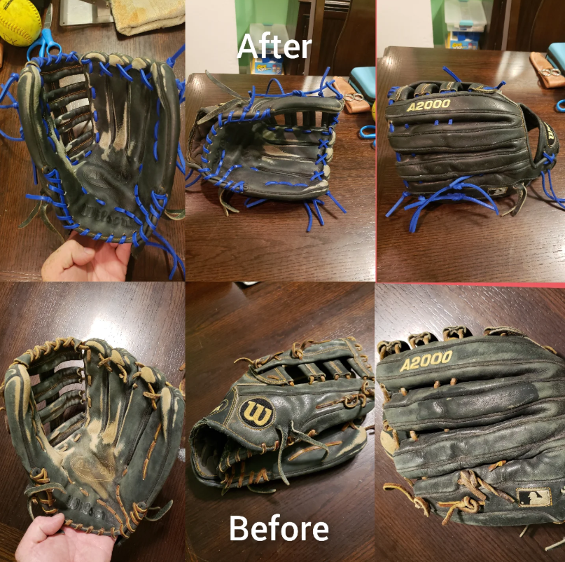 Baseball glove relacing before and after by Hughes Glove Works