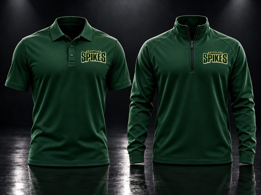 Wheatland Spikes green coach polo and quarter-zip pullover with custom team logos