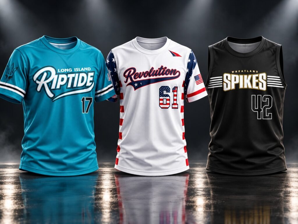 Custom baseball and softball team jerseys featuring Riptide, Revolution and Spikes designs