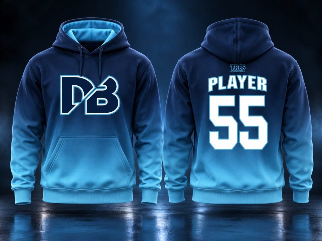 Custom blue team hoodies with front logo and personalized player name and number