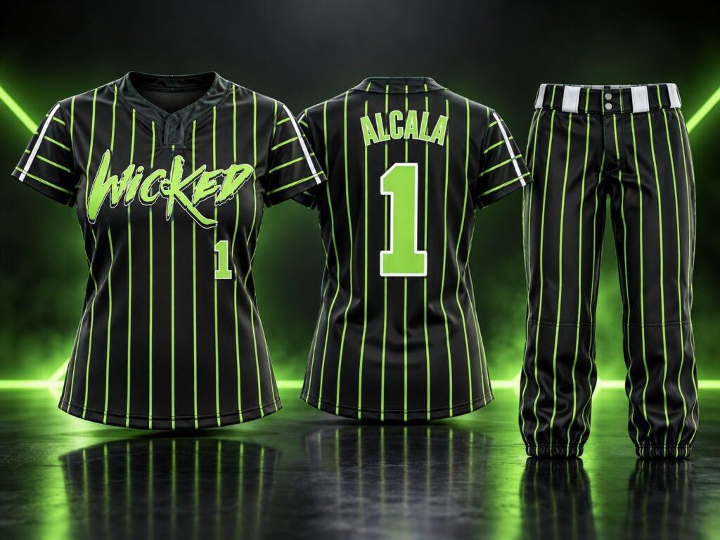 Custom baseball and softball uniforms featuring Wicked jerseys and matching pinstripe pants